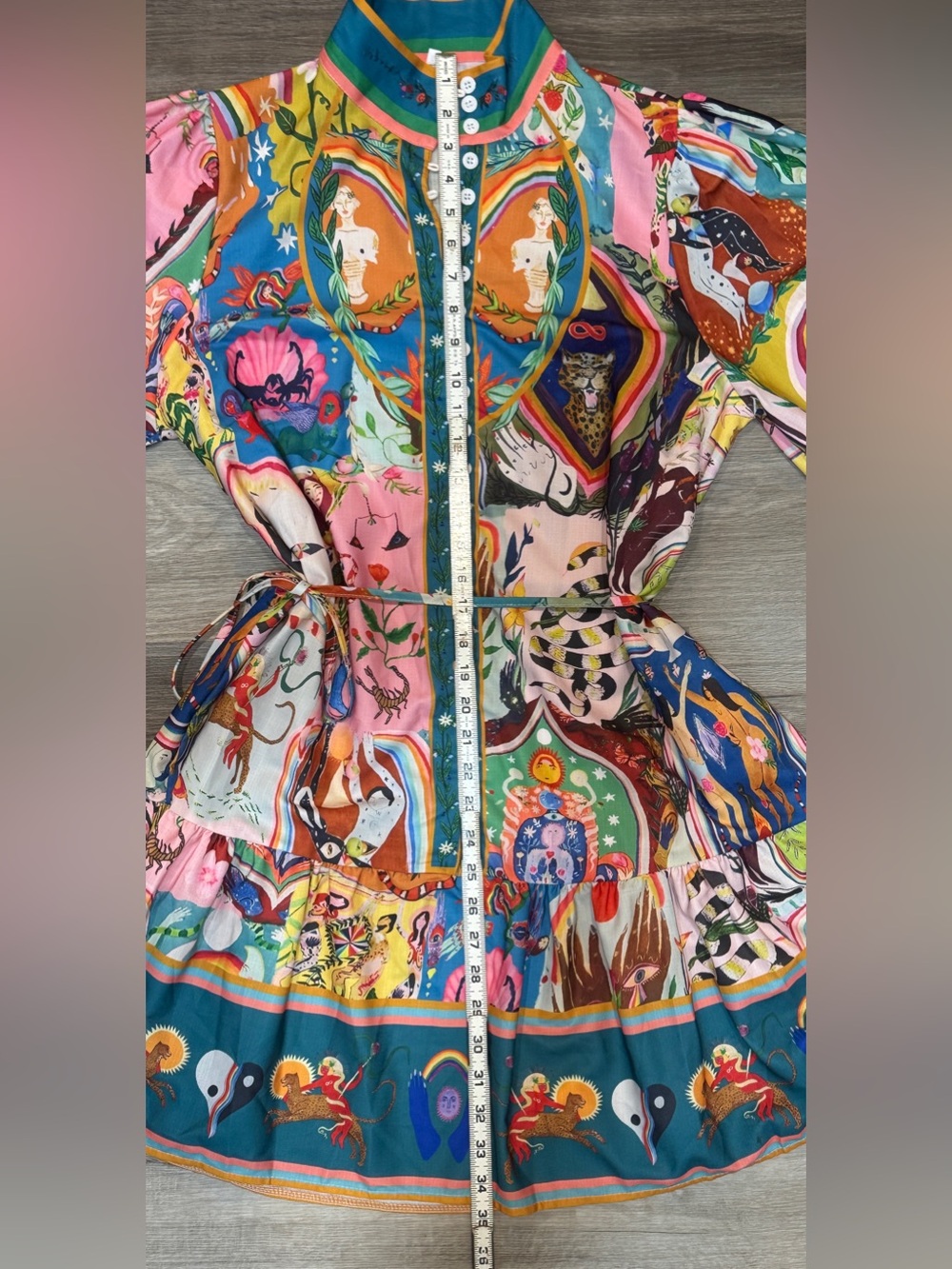 Multicolor Printed Mini Dress with Button-Front and Drawstring Waist - Picture 9 of 12